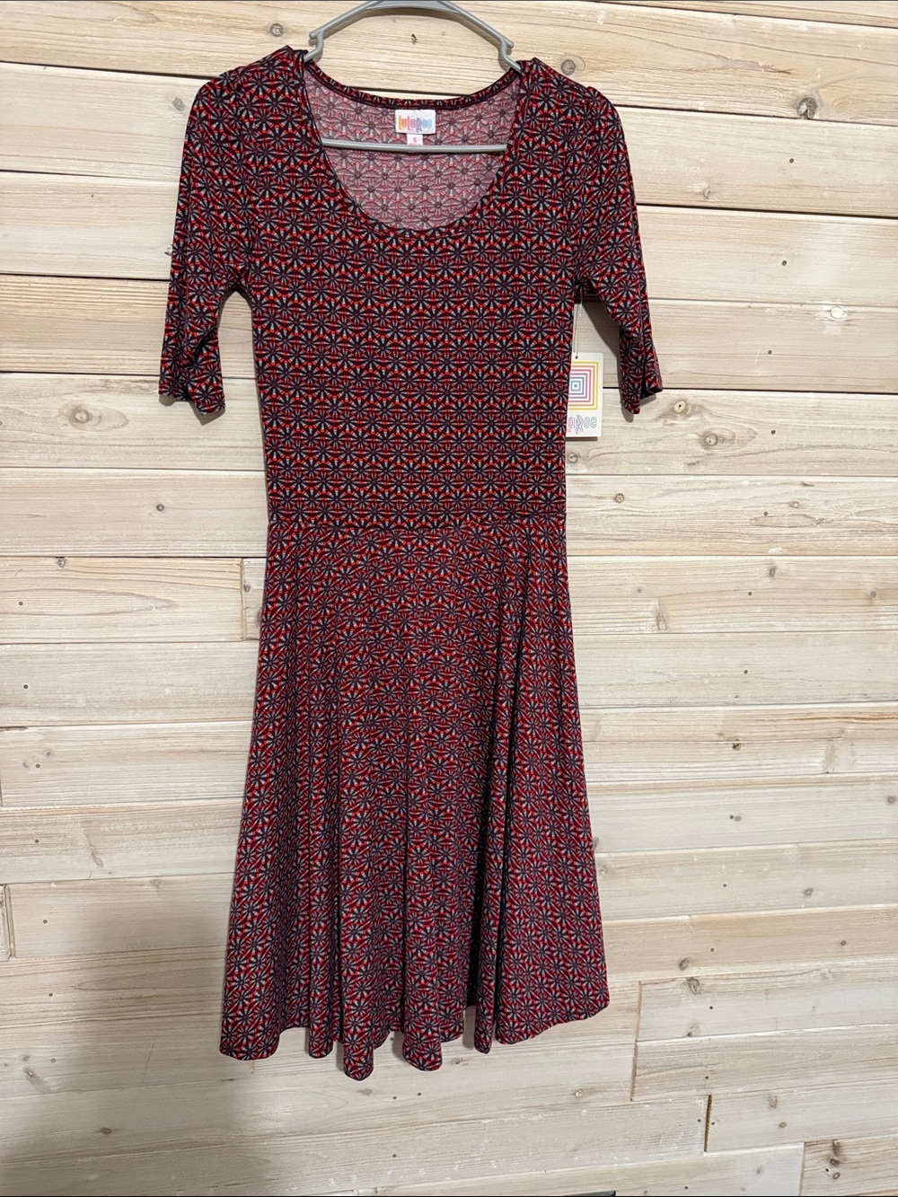 LuLaRoe Red and Black Patterned Scoop Neck Midi Dress